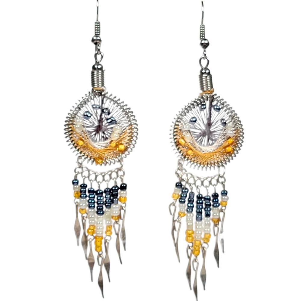 VTG 90s Wire Wrapped String Art Dreamcatcher Earrings Dangle Yellow Black‎ Boho